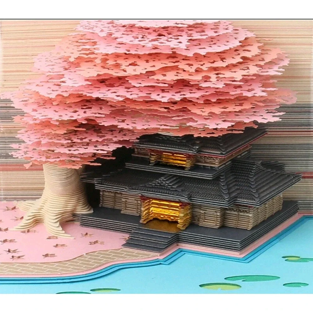 3D Memo Pad Paper Carving Art Tree House Notepad with Light Desk Pen Holder Gift